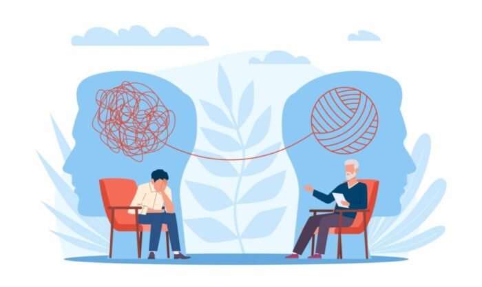 Psychotherapy. Man patient talks about his emotional problems to therapist, tangled lines above his head, depression treatment, psychological help, mental health vector cartoon flat style concept